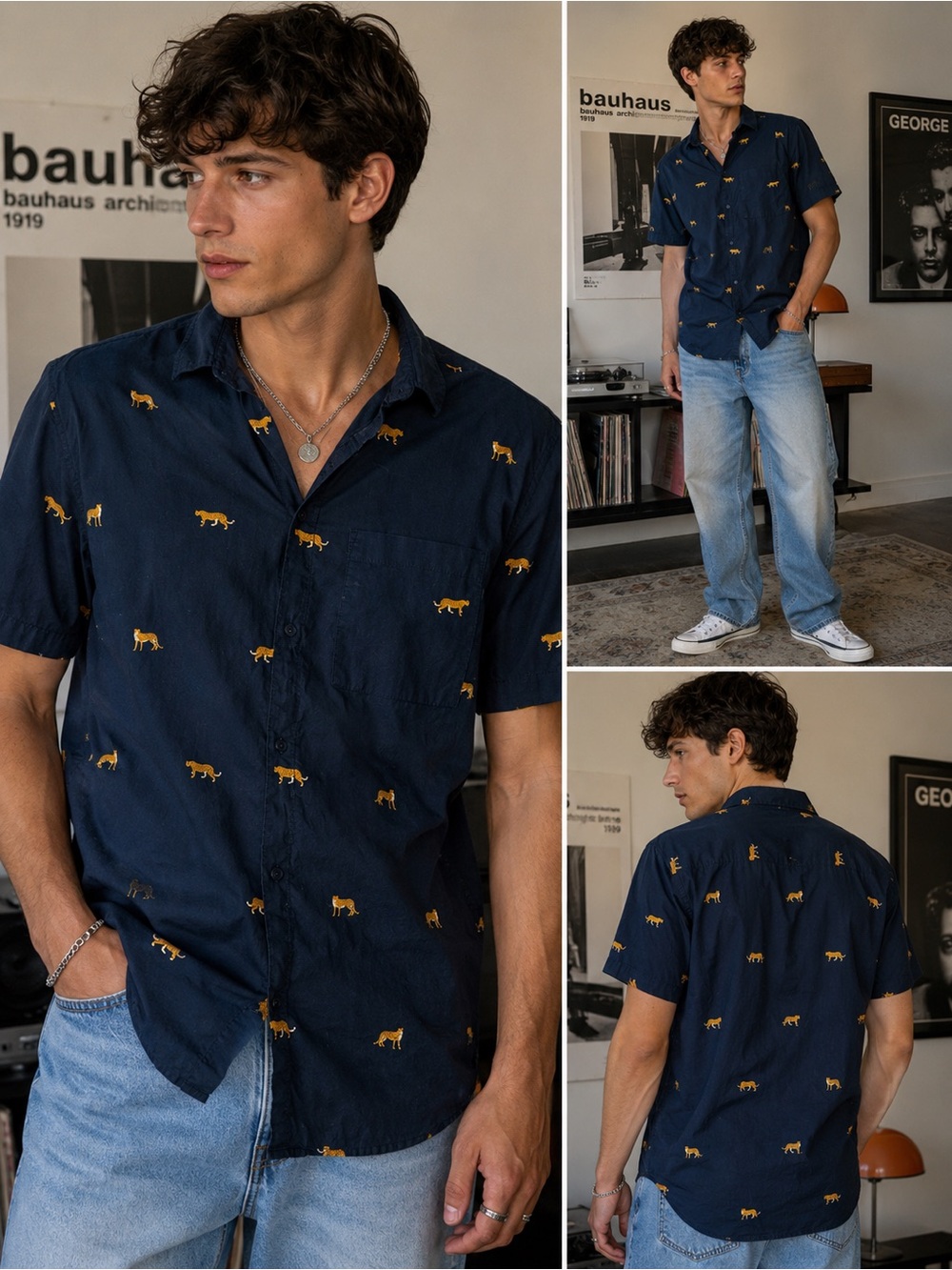 H&M Navy Short-Sleeve Button-Down Shirt with Gold Tiger Motif